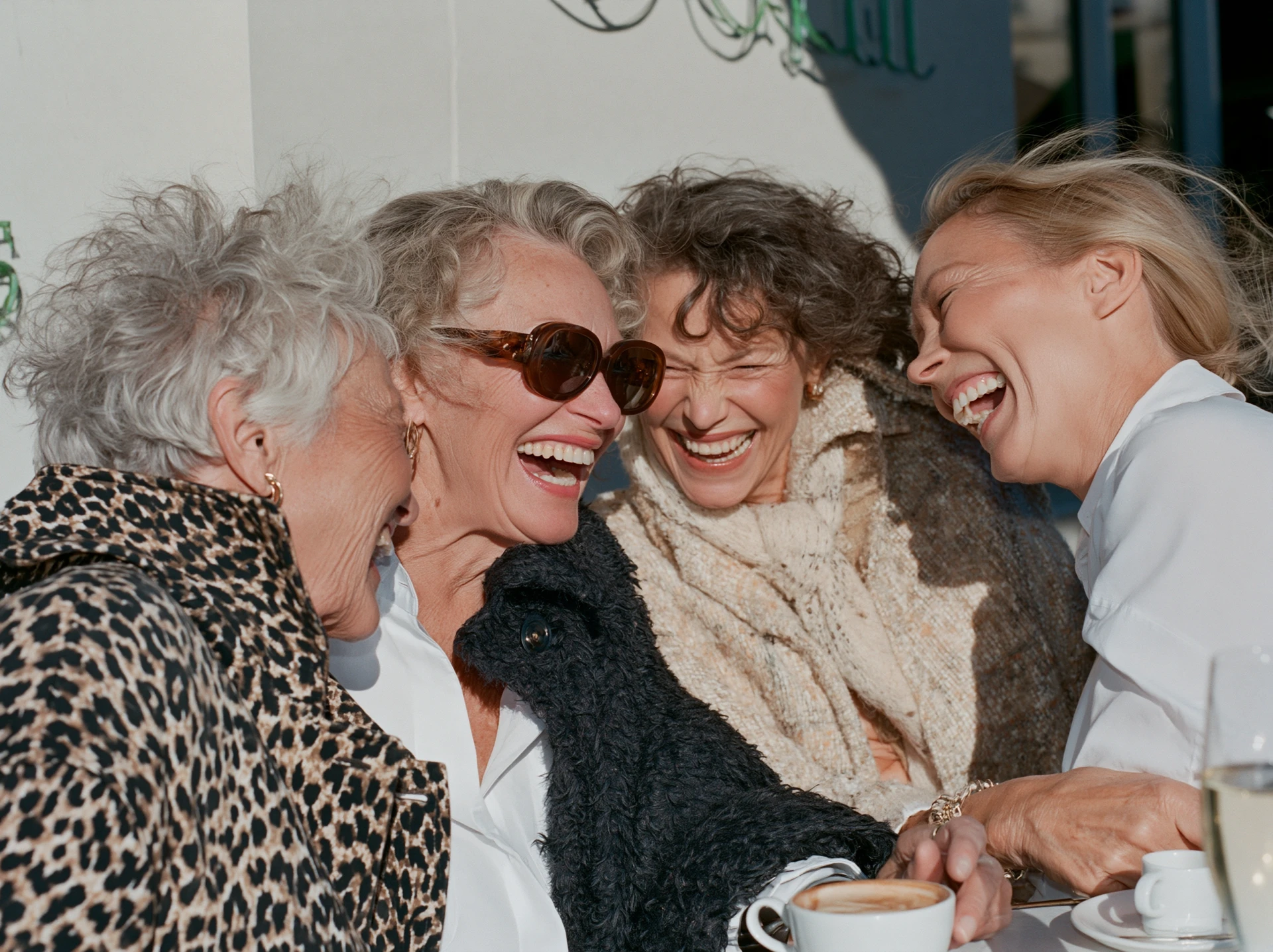 Four women laughing together over coffee outside a sunlit café