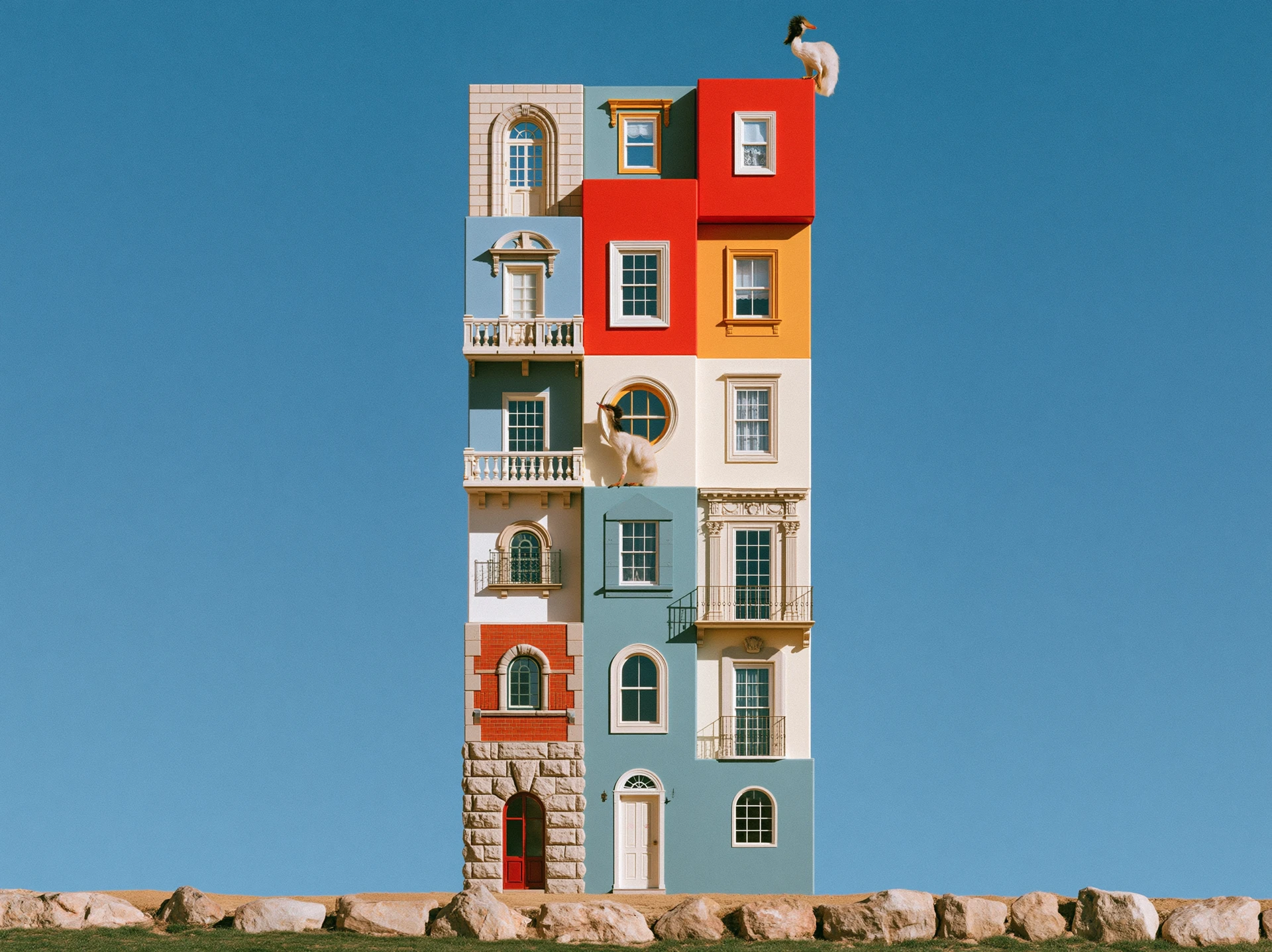 Tall narrow house assembled from mismatched colorful facades and windows, standing alone under a clear blue sky