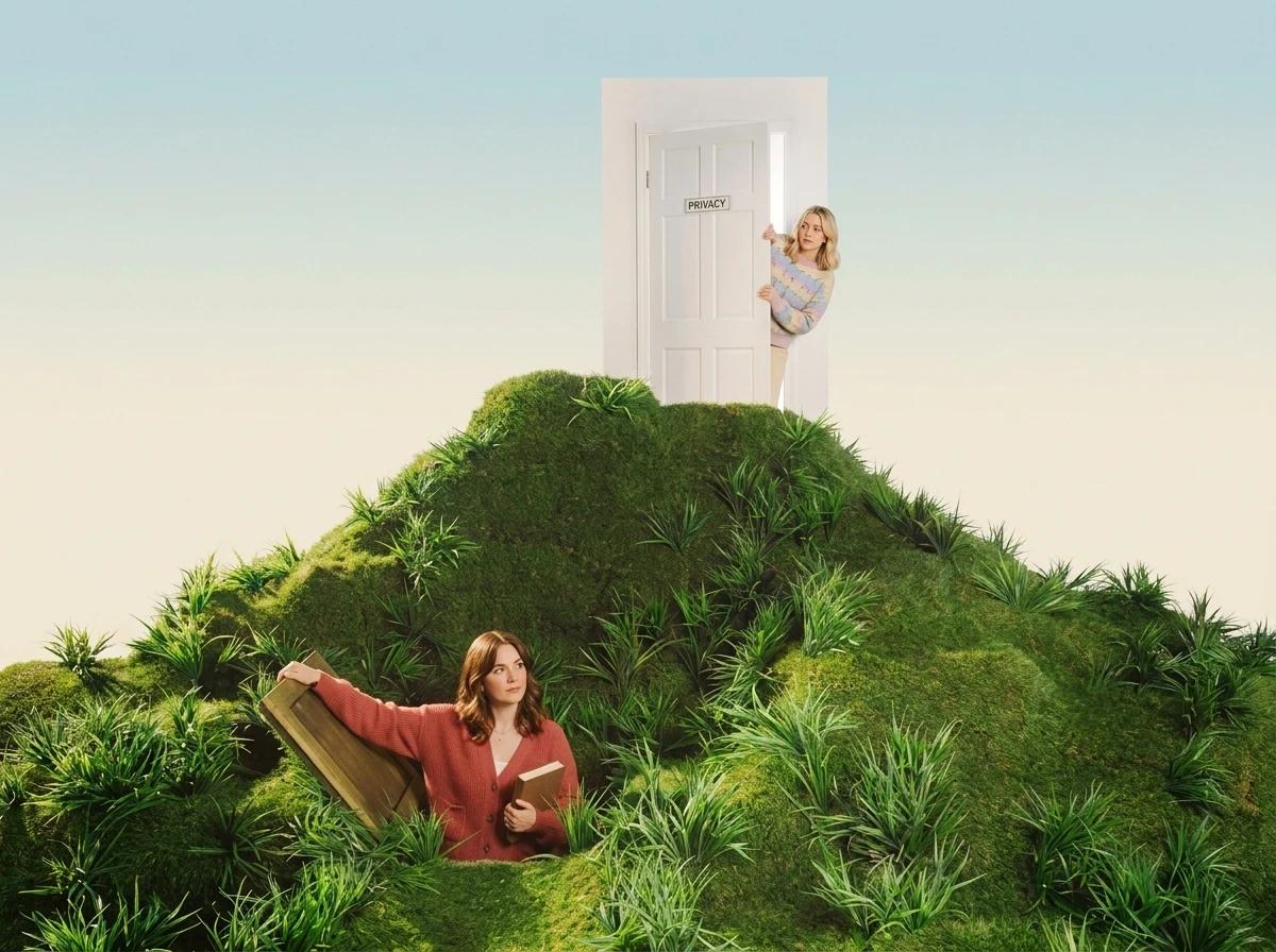 White door labelled Privacy at the top of a grassy hill, one woman peeking from behind it and another emerging from a hatch below